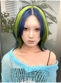 ボブウルフカットネオングリーンネイビーデザインカラー