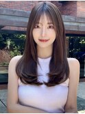 レイヤーカット前髪フェミニンロングワイドバング小顔ヘア
