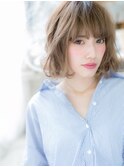 くすみベージュぱっつん前髪韓国風ボブパーマc6上尾10代20代30代