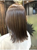 ロングショートワンカールパーマカーキグレージュ前髪錦糸町
