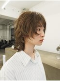 ナチュラルブラウンマッシュウルフカットカット