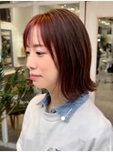 透け感チェリーブラウン×外ハネ切りっぱなしボブ