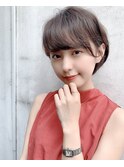 【重山】アッシュブラウン厚めバング毛先パーマ外ハネひし形ボブ