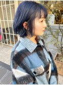 小顔切りっぱなしボブ　ネイビーカラー　ブルーカラー
