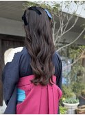 卒業式　袴着付け　ヘアセット　ハーフツイン　リボンアレンジ
