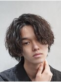 メンズミディアムパーマボブウルフカット緩めスパイラルパーマ