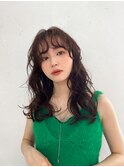 お洒落ミディアムパーマ透明感グレージュ2wayバング