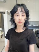 ウェーブミディアムウルフカットウルフパーマブルーブラック