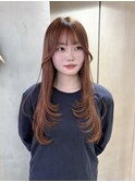 くびれヘア/アプリコットオレンジ/韓国/ブリーチ/レイヤー