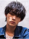 メンズサーフカール波巻きパーマダークアッシュショートウルフ