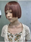 前上がりボブ、ブリーチ、レッド、ピンク