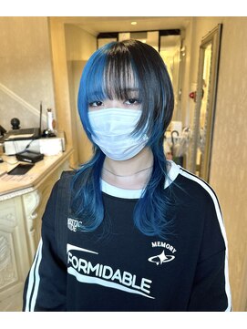 ヘアスタジオ アルス 御池店(hair Studio A.R.S) ロングウルフカットツートンカラーブルーカラーデザインカラー