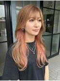 暖色インナーイヤリングピンクカラー小顔前髪ひし形くびれヘア