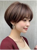 ショート ボブ 小顔 ココアベージュ 白髪ぼかし 30代40代50代