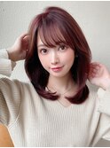 デジタルパーマ韓国くびれヘアミディアムチェリーブラウン