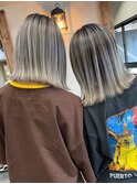 バレイヤージュ、ハイライト、レイヤーロング、グレーベージュ