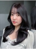 暗めカラー韓国ヘア前髪カット顔周りレイヤーロング_F0810