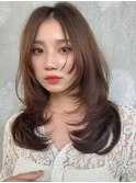 ワンカールレイヤーウルフショコラブラウン顔周りレイヤー