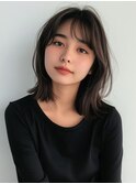 外ハネミディ グレージュ 20代30代 顔周りカット くびれヘア