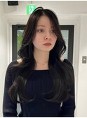 ロングレイヤーミディアムレイヤー韓国ヘアくびれヘアグレージュ