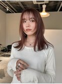 レイヤーセミロングピンクブラウン暖色カラーフェイスレイヤー