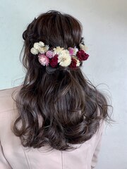 二次会ハーフアップヘアセット★結婚式グレージュフェアリー