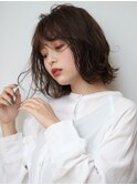 暗髪黒髪ウェーブ艶髪アプリコットオレンジハイライト外ハネボブ