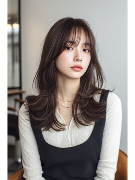 ケシキ 表参道 原宿(kesiki.) ミディアムレイヤー顔周りレイヤーココアブラウン韓国へア