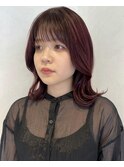 ワインレッド♪顔まわりカット　暖色カラー　ウェーブヘア
