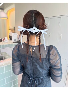 結婚式お呼ばれヘア/カチモリ/ツインお団子/編み下ろし