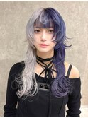 ホワイトシルバー＆ブルーパープルツートーンロングウルフ