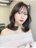 ワンカールが可愛い鎖骨ミディアム/薄め前髪韓国ハッシュカット