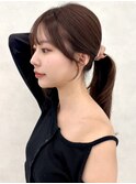 ナチュラルブラウン×小顔後れ毛カット韓国風ポニーテール