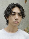 メンズラフセンターパート波巻きスパイラルパーママッシュウルフ