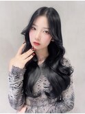 暗めカラー顔周りレイヤーおくれ毛韓国ヘアロング_F50786