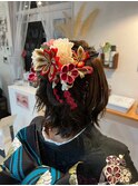 成人式ヘアセット 華やかショートヘアセット縮緬細工 和装着物