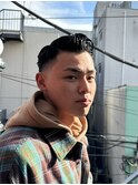 七三オールバックかき上げヘアツーブロックツイストパーマメンズ