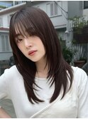 暗髪セミロングストレートレイヤーカット エモージュ2wayバング