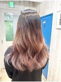 バレイヤージュ/ピンクベージュ/くすみピンク/波巻き/20代30代