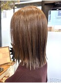 ロングショートワンカールパーマカーキグレージュ前髪錦糸町