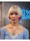 ホワイトブロンド レッドエンドカラー ウルフカット