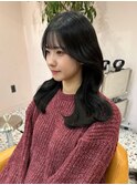 韓国ヘア/顔まわりカット/くびれヘア/前髪あり/ブルーブラック
