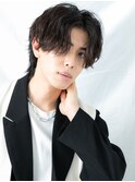 センターパートアッシュブラックラフパーマショートe戸田公園