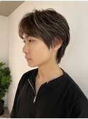 メンズハイライトフェザーパーマラウンドマッシュ無造作マッシュ