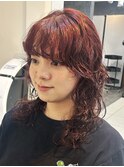 *ロングウルフパーマレイヤーパーマダークレッドブラウンカラー