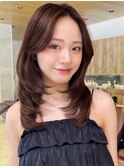 セミロング30代40代ストレートレイヤー前髪なし前髪あり【山岡】