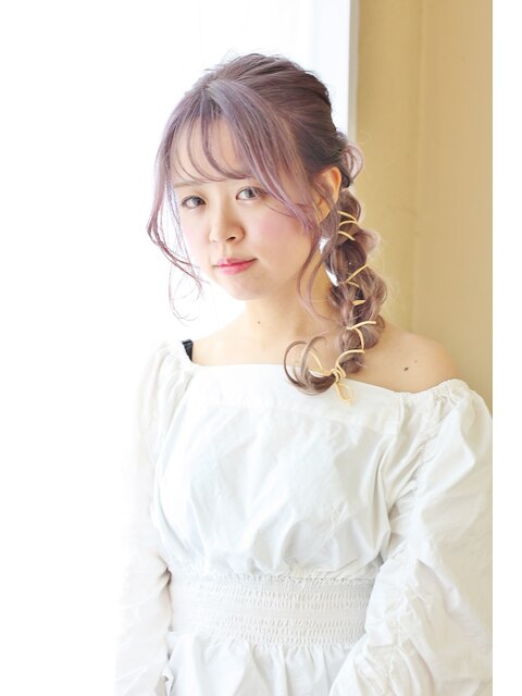 コットンキャンディピンクラベンダー☆革ひもヘアアレンジ