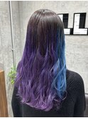 グラデーションパープルブルーダブルカラーケアブリーチ
