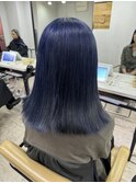 ネイビーブルーミディアムレイヤーカットデザインカラー所沢韓国