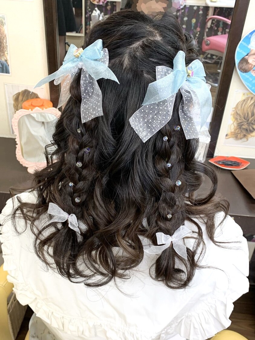☆ゆめ可愛い♪『ツイン三つ編みリボン付きハーフアップ